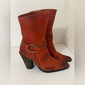 Harley Davidson | Leather Studded Burnt Red Ombré Heeled Ankle Booties - Size 6